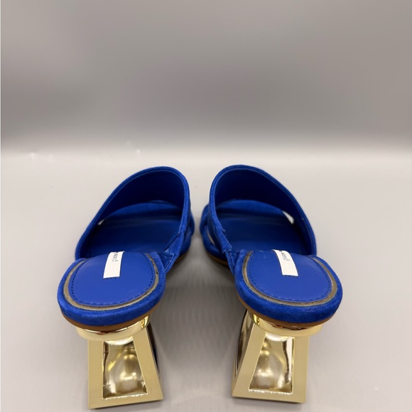 Gianni Bini Paityn suede mules in blue with a gold architectural heel. - Picture 8 of 10